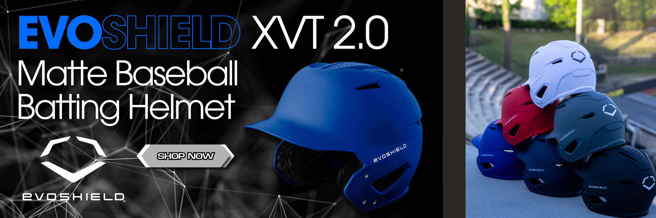 EvoShield XVT 2.0 matte baseball batting helmet with promotional text and a display of helmets.