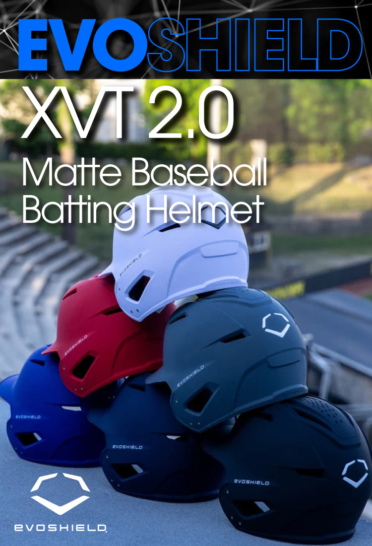 EvoShield XVT 2.0 matte baseball batting helmets in various colors with a blurred stadium background.