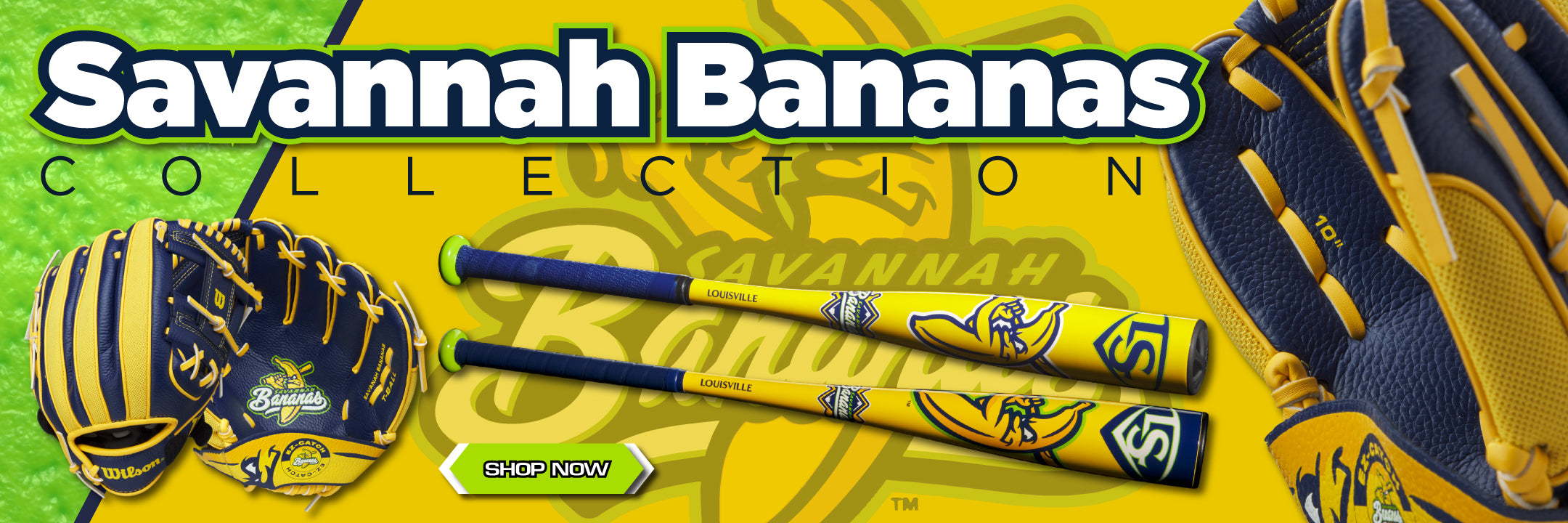 Savannah Bananas sports equipment collection including bats and gloves on a yellow background
