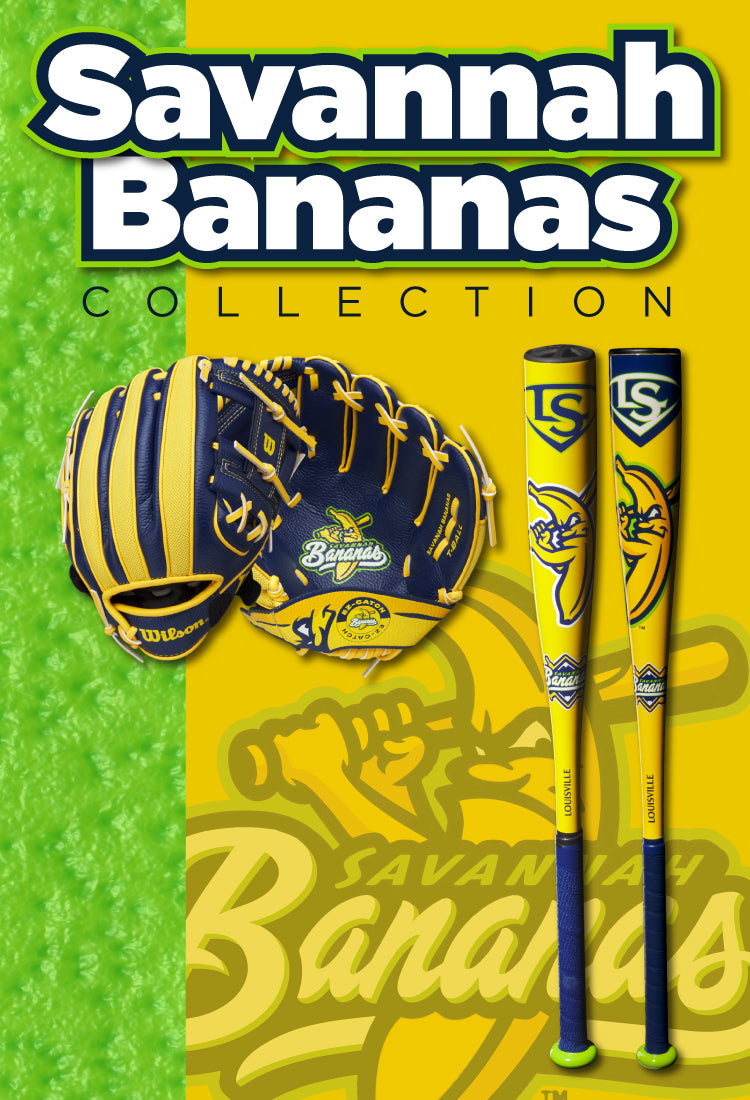 Savannah Bananas baseball glove and bats on a green and yellow background