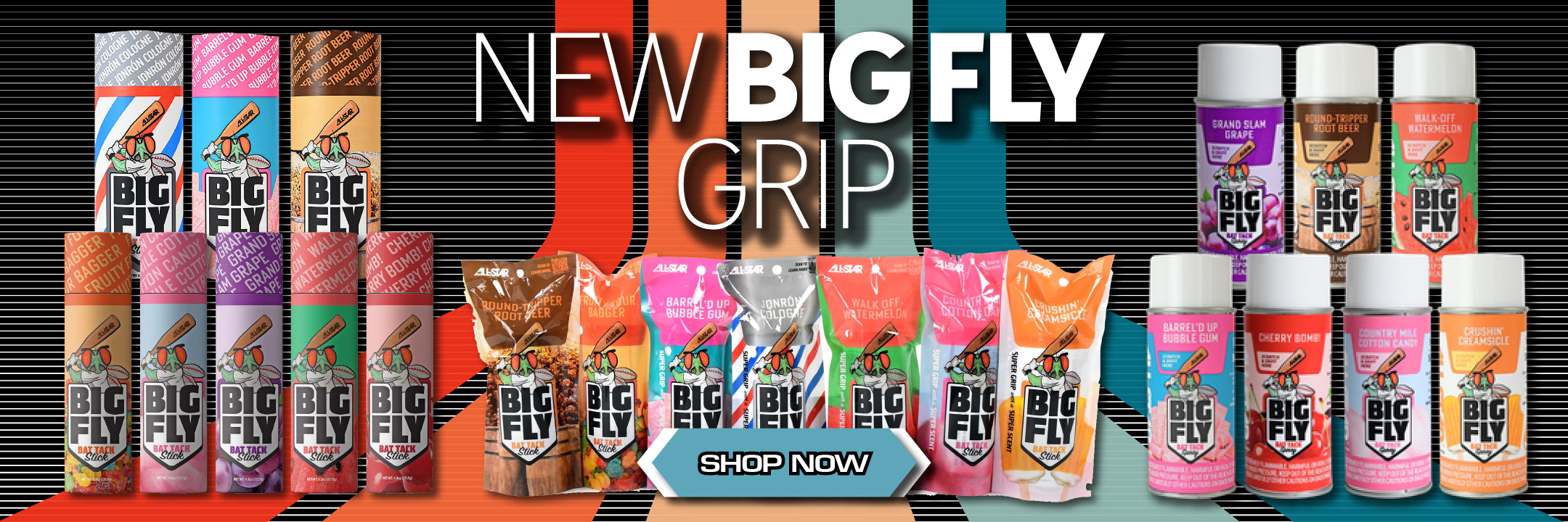 Promotional banner for Big Fly Grip with colorful packaging and 'Shop Now' call to action.