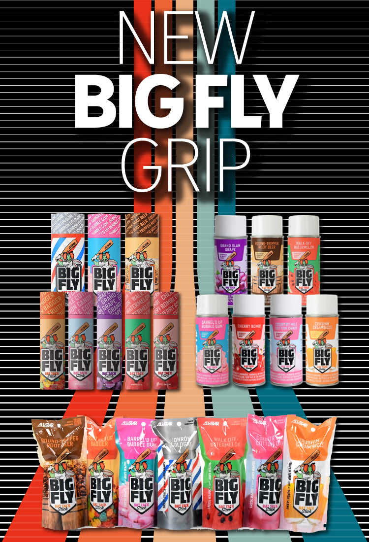 Collection of Big Fly Grip products on a colorful striped background with text overlay.