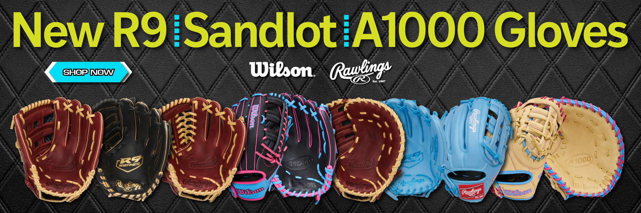Promotional banner for Wilson and Rawlings baseball gloves with various colors on a textured background.
