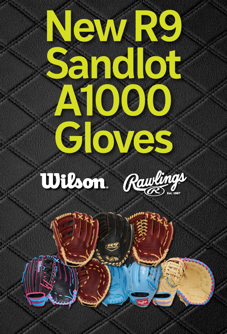 Promotional image of Wilson and Rawlings baseball gloves with text on a textured black background