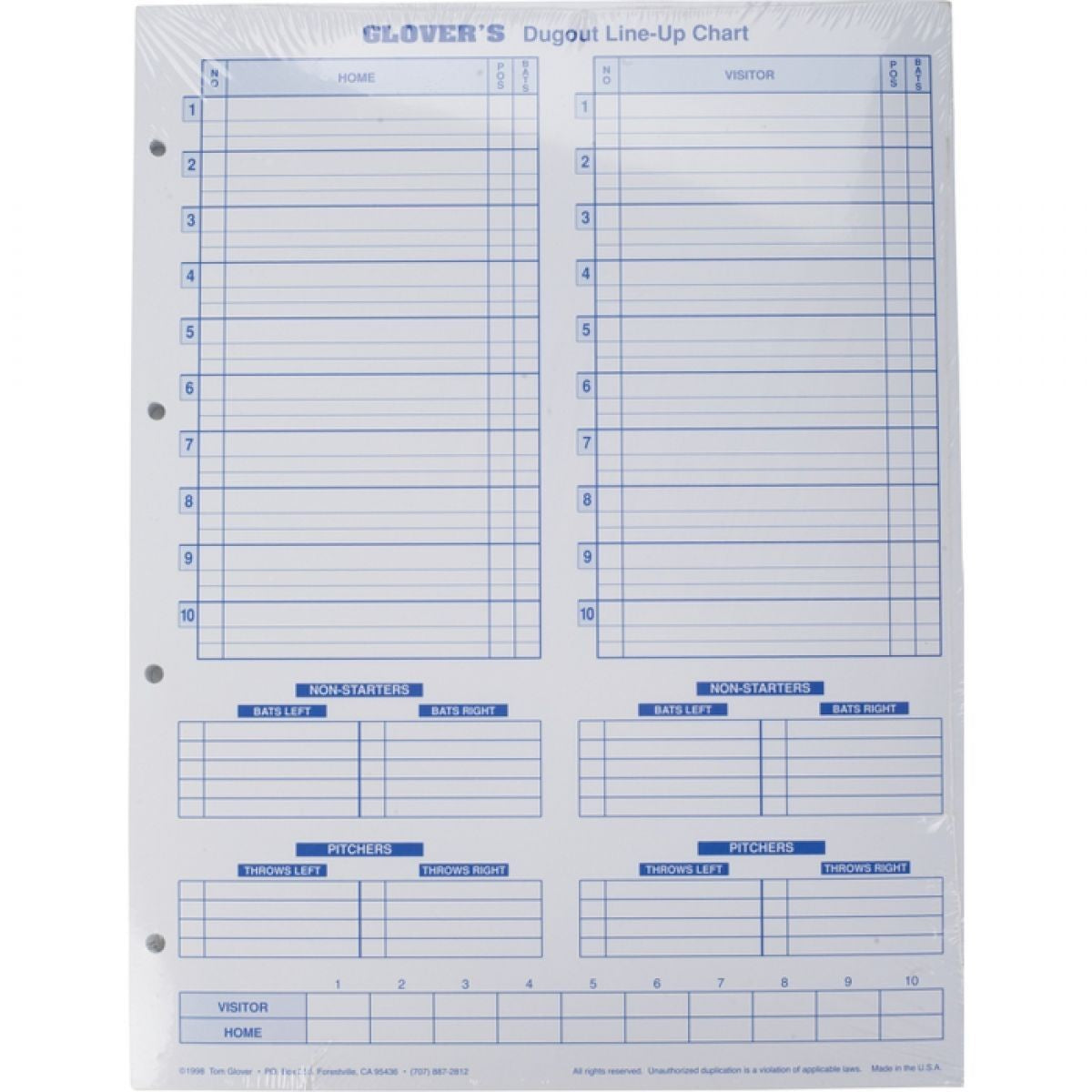 Glovers Baseball/Softball Dugout Line Up Charts