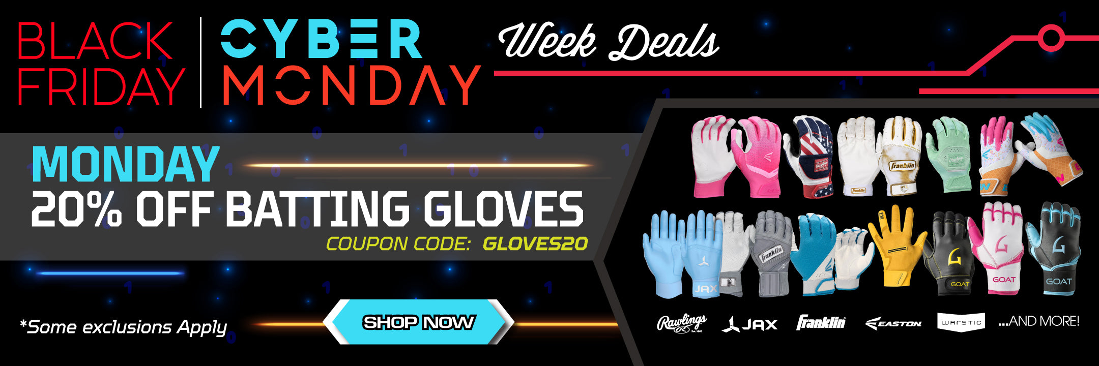 Promotional banner for Black Friday and Cyber Monday deals on batting gloves with various glove colors and brand logos.