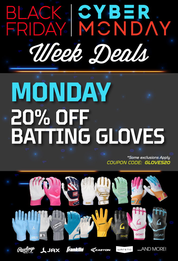 Promotional poster for Black Friday and Cyber Monday deals on batting gloves with various glove images and brand logos.