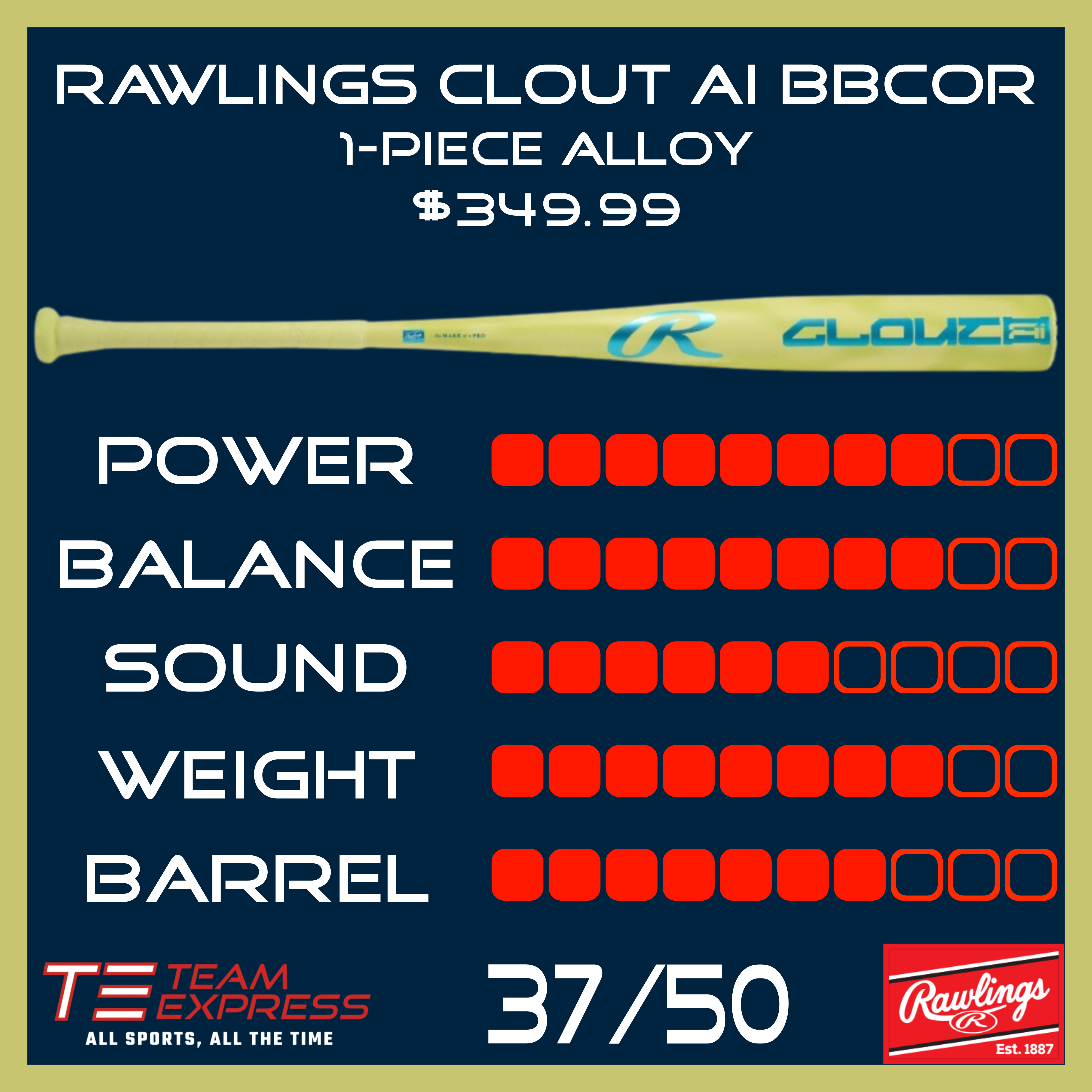 Rawlings 2026 Clout Ai 1-Piece Aluminum -3 BBCOR 2-5/8" Barrel Baseball Bat