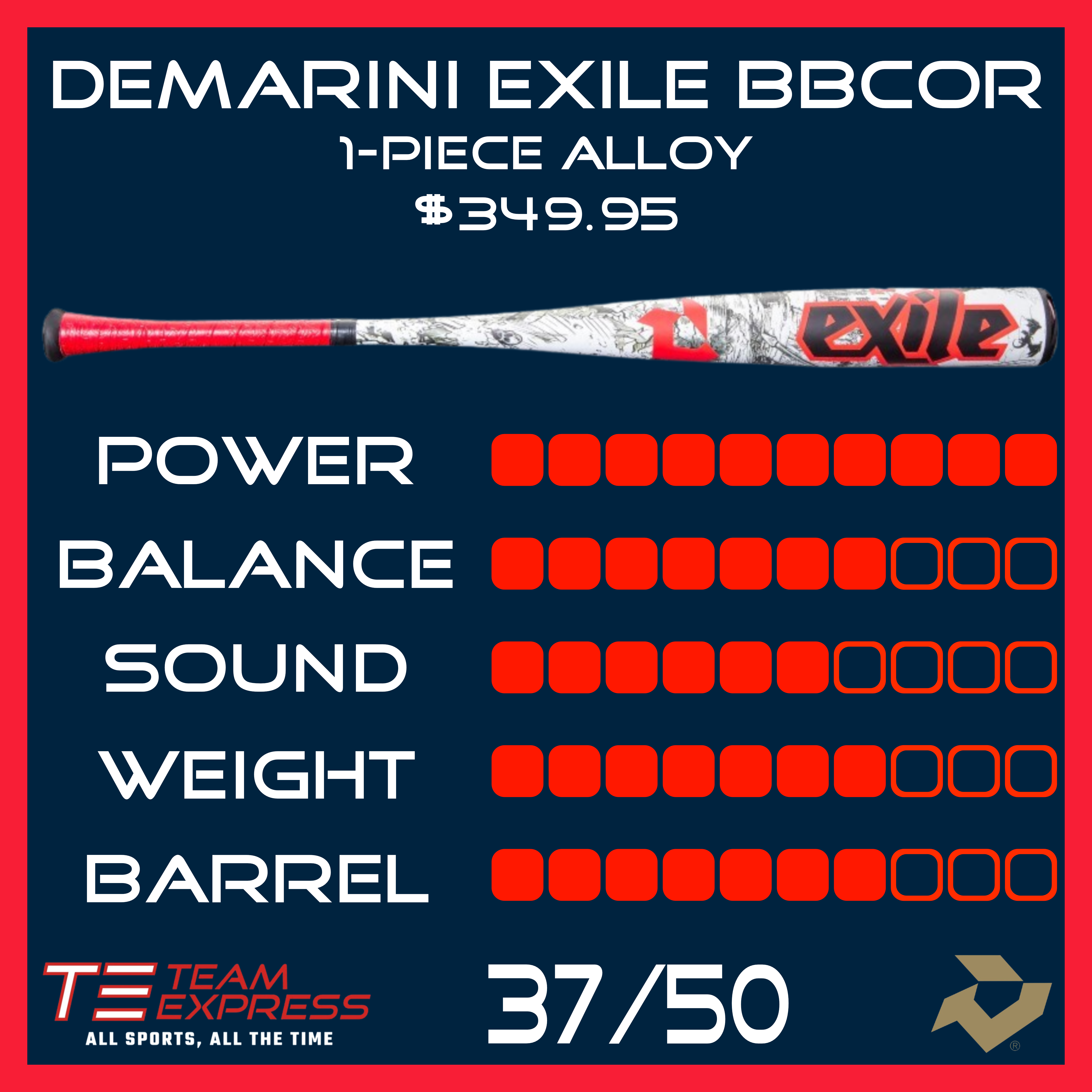 DeMarini 2026 Exile 1-Piece Alloy -3 BBCOR 2-5/8" Barrel Baseball Bat