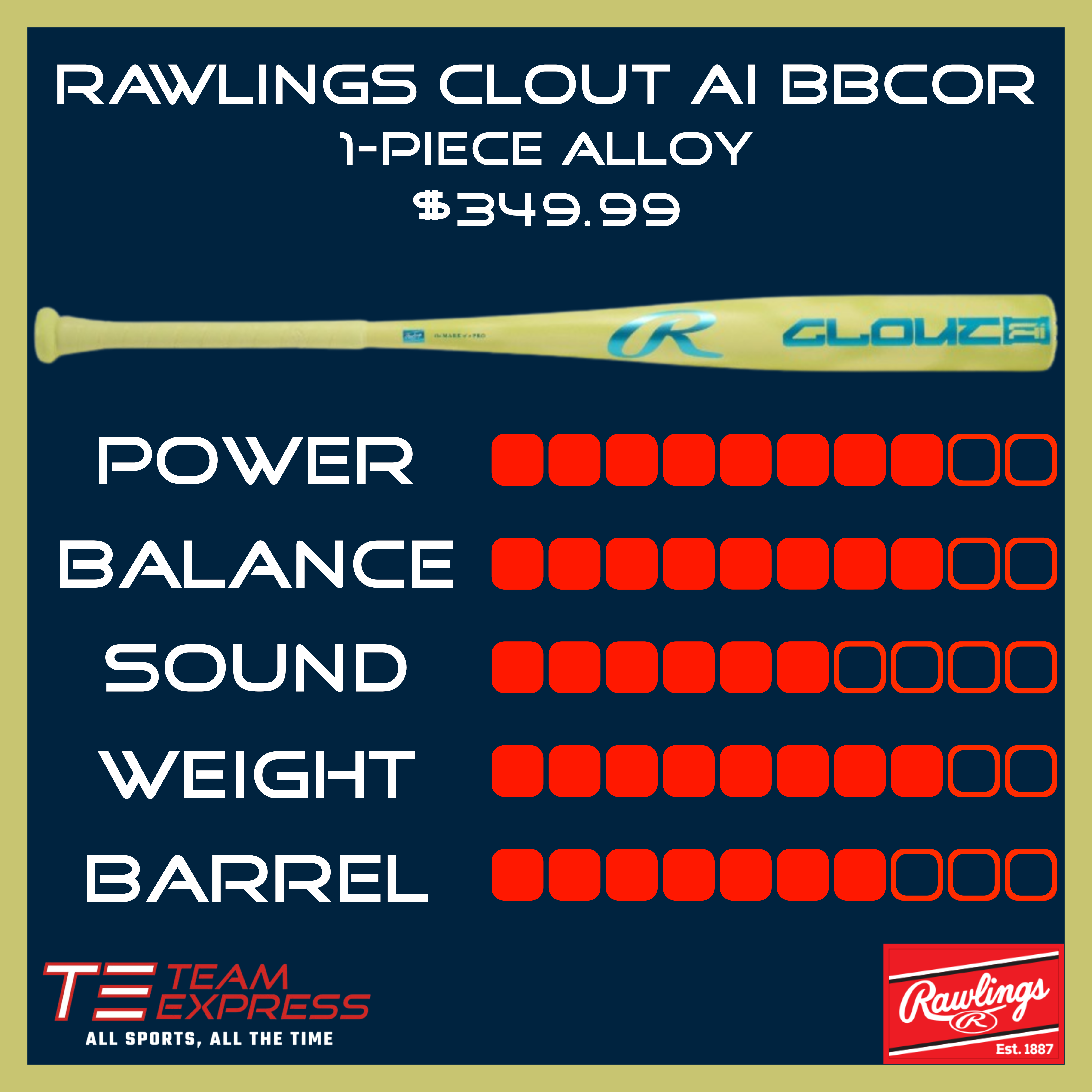 Rawlings 2026 Clout Ai 1-Piece Aluminum -3 BBCOR 2-5/8" Barrel Baseball Bat