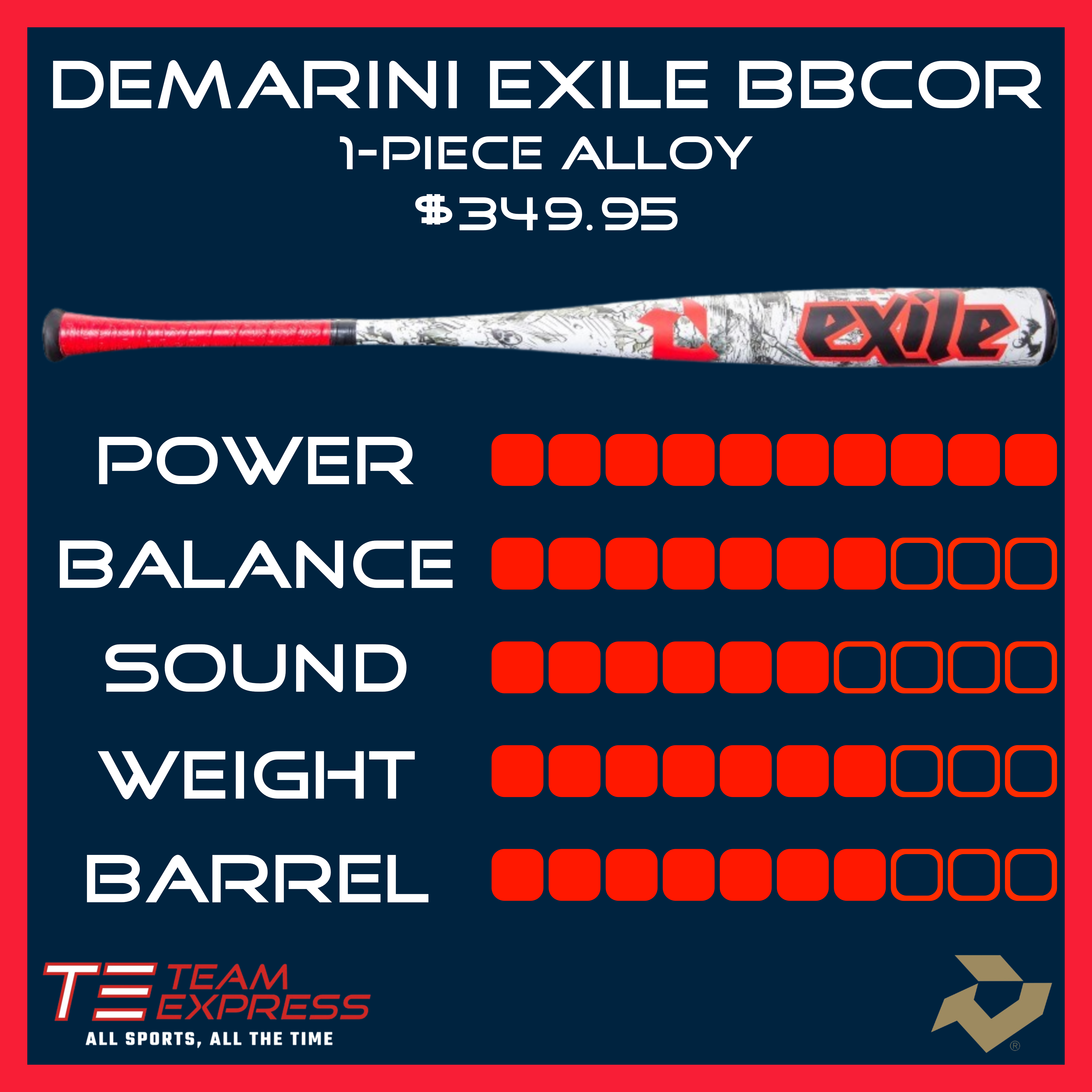 DeMarini 2026 Exile 1-Piece Alloy -3 BBCOR 2-5/8" Barrel Baseball Bat