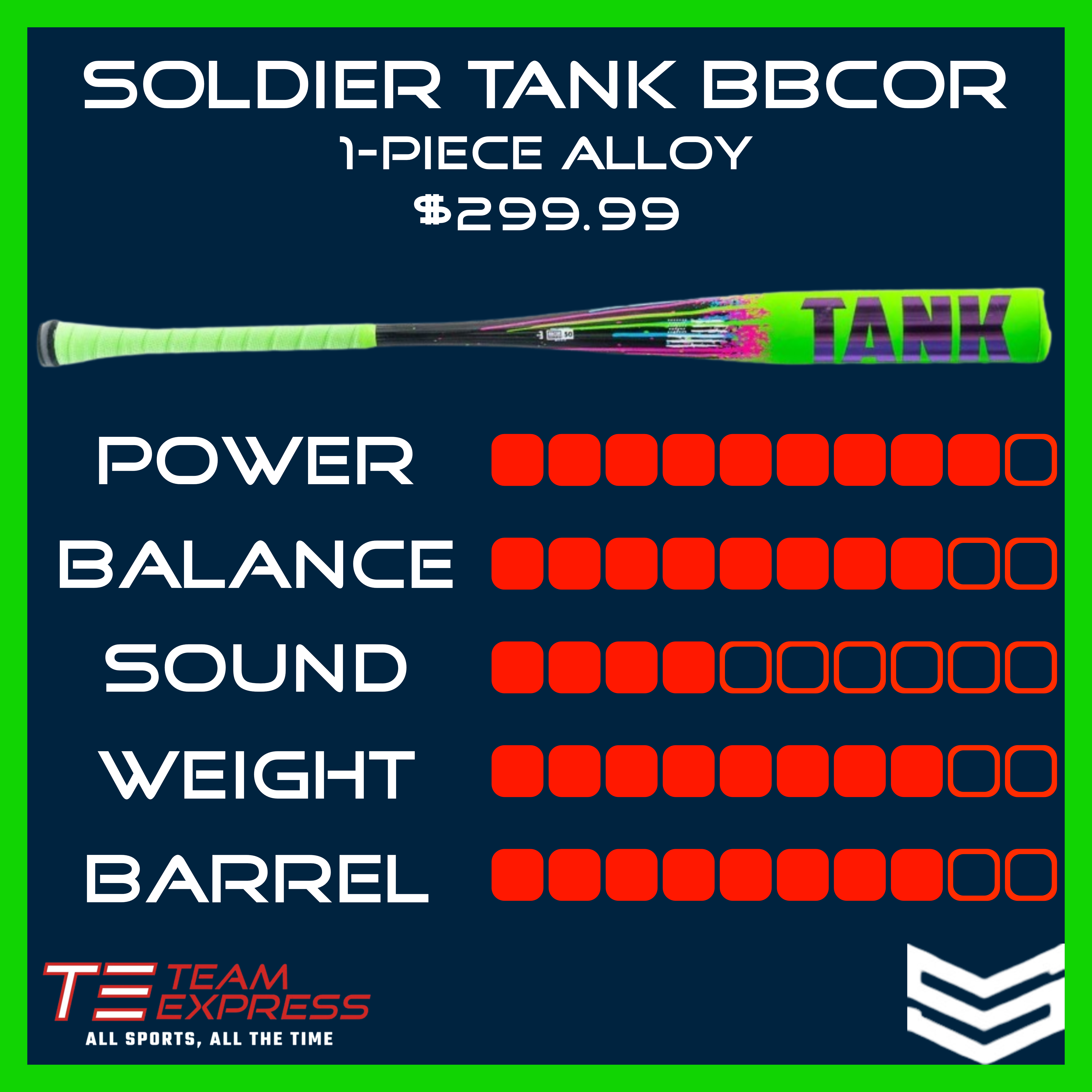 Soldier 2026 Tank Drip Collection 1-Piece -3 BBCOR Alloy Baseball Bat